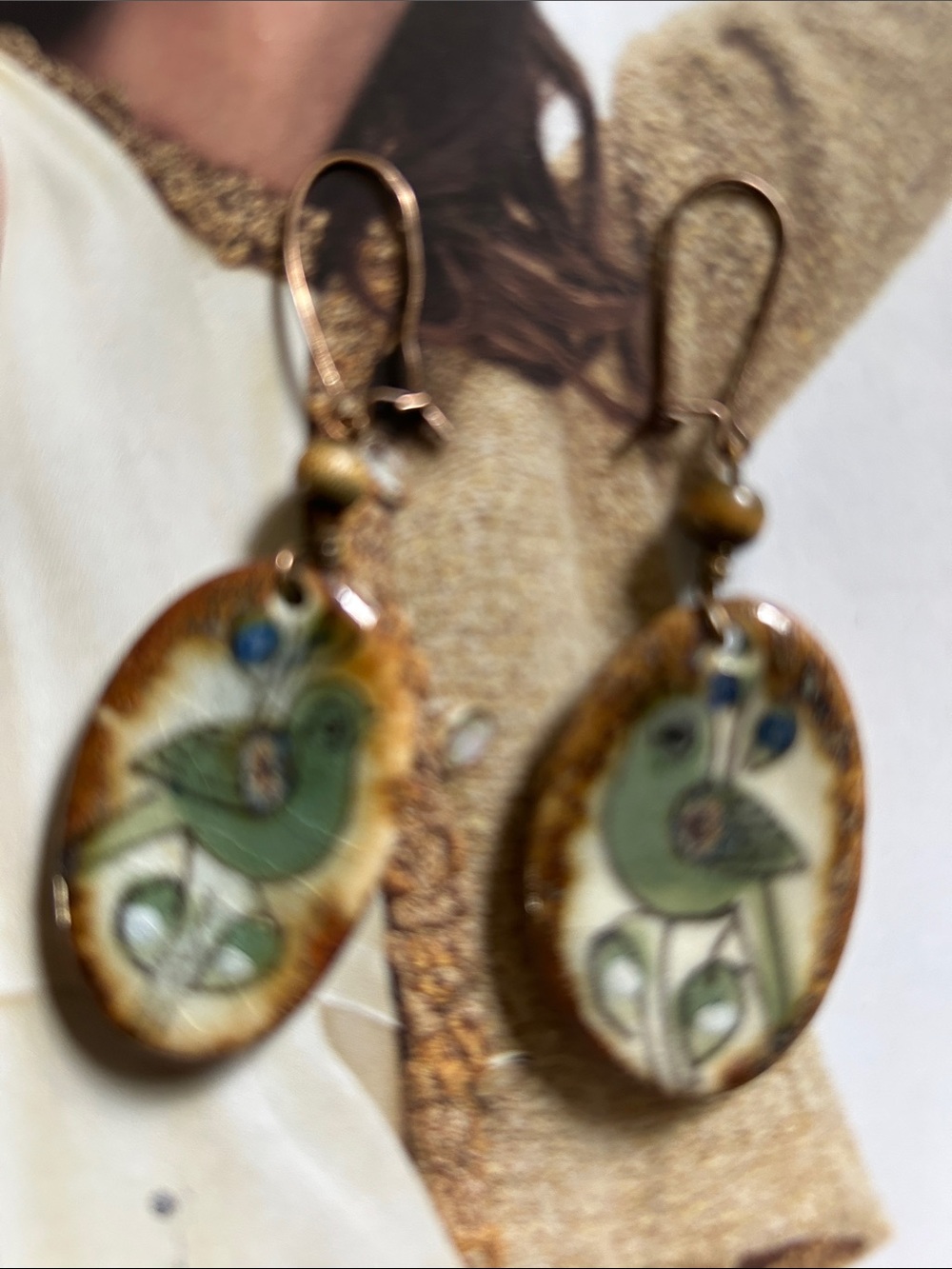 RARE. Green Ceramic Bird Motif Drop Earrings - Artisan Women’s Jewelry - Picture 2 of 4